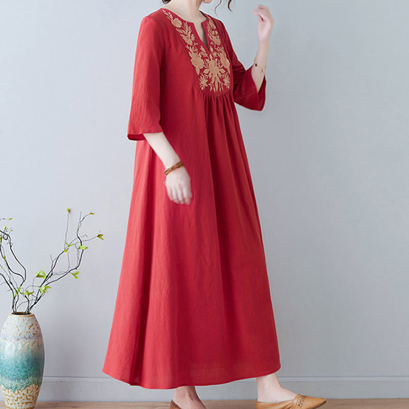 Buddha Stones Casual Bohemia Haft Kwiatowy Prosty Design Trzy Czwarte Rękawy Dekolt w Serek Bawełna Len Maxi Sukienka - image 13
