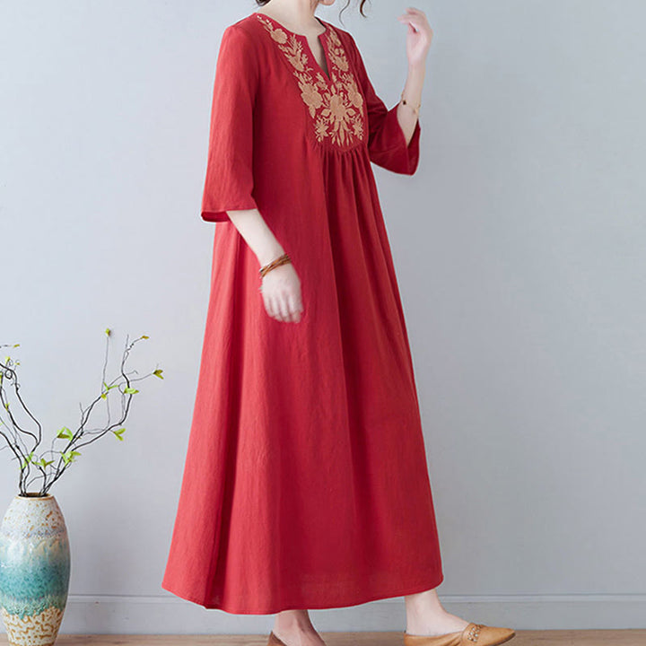 Buddha Stones Casual Bohemia Haft Kwiatowy Prosty Design Trzy Czwarte Rękawy Dekolt w Serek Bawełna Len Maxi Sukienka - image 13