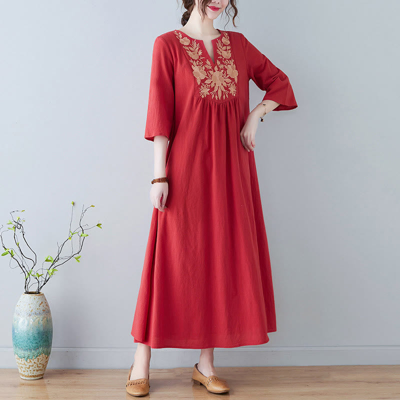 Buddha Stones Casual Bohemia Haft Kwiatowy Prosty Design Trzy Czwarte Rękawy Dekolt w Serek Bawełna Len Maxi Sukienka - Pomarańczowo-czerwony - US8-10，UK/AU12-14，EU40-42 (2XL) - image 12