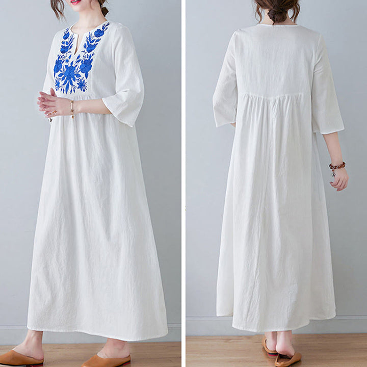 Buddha Stones Casual Bohemia Haft Kwiatowy Prosty Design Trzy Czwarte Rękawy Dekolt w Serek Bawełna Len Maxi Sukienka - image 11