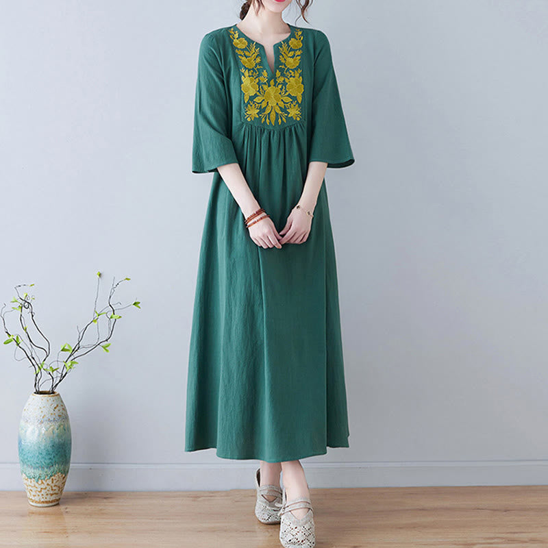 Buddha Stones Casual Bohemia Haft Kwiatowy Prosty Design Trzy Czwarte Rękawy Dekolt w Serek Bawełna Len Maxi Sukienka - image 19