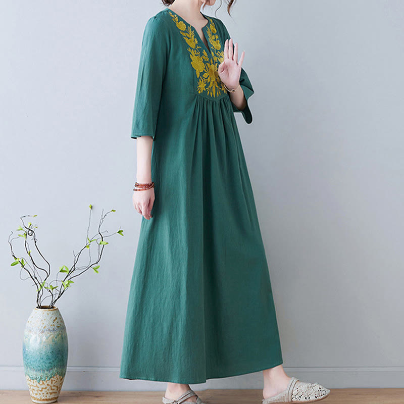 Buddha Stones Casual Bohemia Haft Kwiatowy Prosty Design Trzy Czwarte Rękawy Dekolt w Serek Bawełna Len Maxi Sukienka - image 20