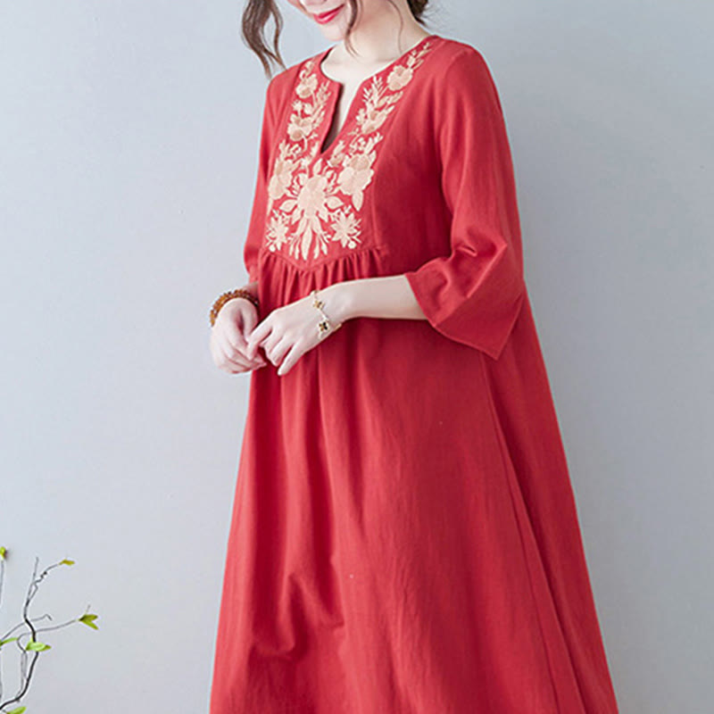 Buddha Stones Casual Bohemia Haft Kwiatowy Prosty Design Trzy Czwarte Rękawy Dekolt w Serek Bawełna Len Maxi Sukienka - image 16