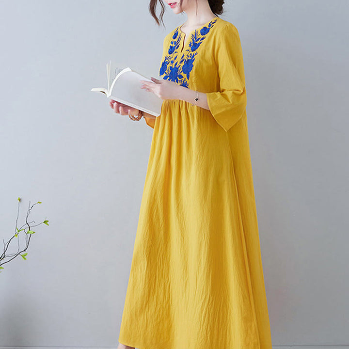 Buddha Stones Casual Bohemia Haft Kwiatowy Prosty Design Trzy Czwarte Rękawy Dekolt w Serek Bawełna Len Maxi Sukienka - image 3