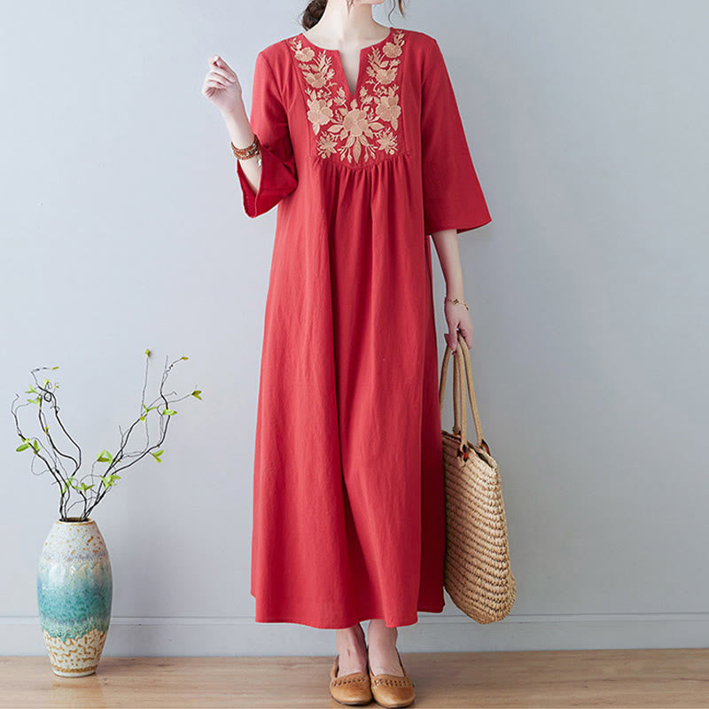 Buddha Stones Casual Bohemia Haft Kwiatowy Prosty Design Trzy Czwarte Rękawy Dekolt w Serek Bawełna Len Maxi Sukienka - image 14