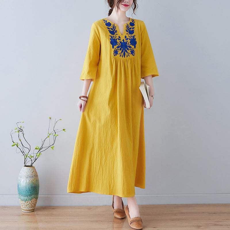 Buddha Stones Casual Bohemia Haft Kwiatowy Prosty Design Trzy Czwarte Rękawy Dekolt w Serek Bawełna Len Maxi Sukienka - Złoto - US8-10，UK/AU12-14，EU40-42 (2XL) - image 0