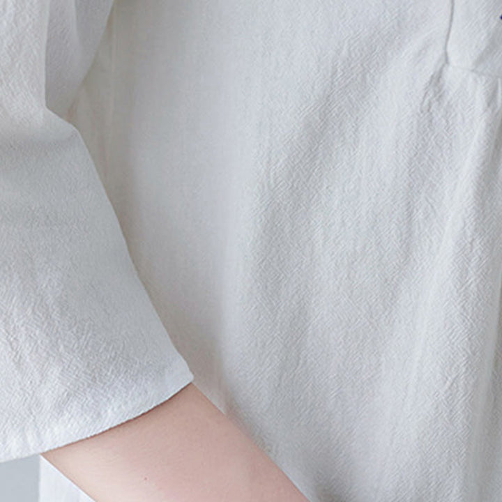 Buddha Stones Casual Bohemia Haft Kwiatowy Prosty Design Trzy Czwarte Rękawy Dekolt w Serek Bawełna Len Maxi Sukienka - image 9