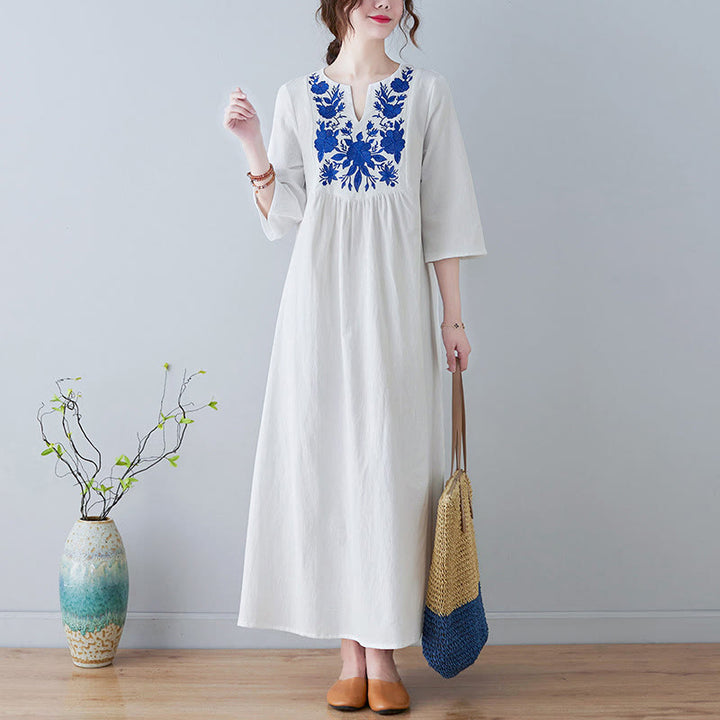 Buddha Stones Casual Bohemia Haft Kwiatowy Prosty Design Trzy Czwarte Rękawy Dekolt w Serek Bawełna Len Maxi Sukienka - FloralWhite - US8-10，UK/AU12-14，EU40-42 (2XL) - image 5