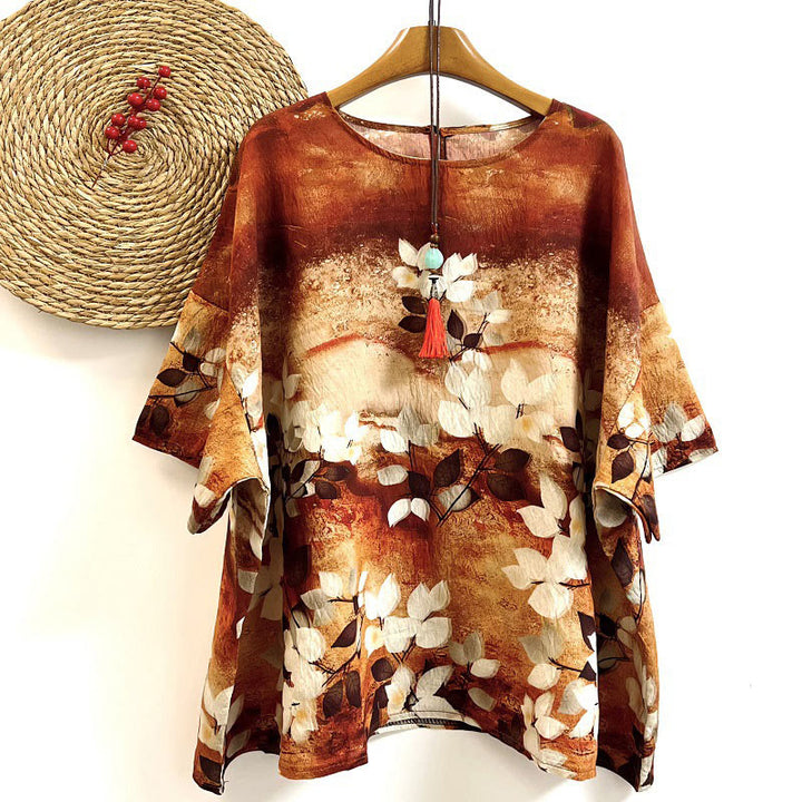 Koszulka damska z nadrukiem liści roślin Buddha Stones Casual z okrągłym dekoltem i krótkim rękawem z poliestru