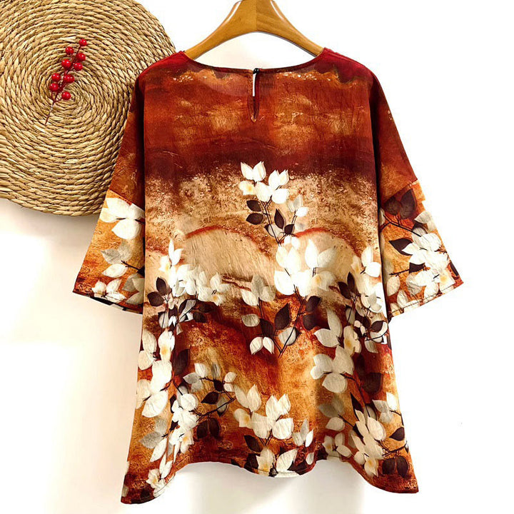 Koszulka damska z nadrukiem liści roślin Buddha Stones Casual z okrągłym dekoltem i krótkim rękawem z poliestru