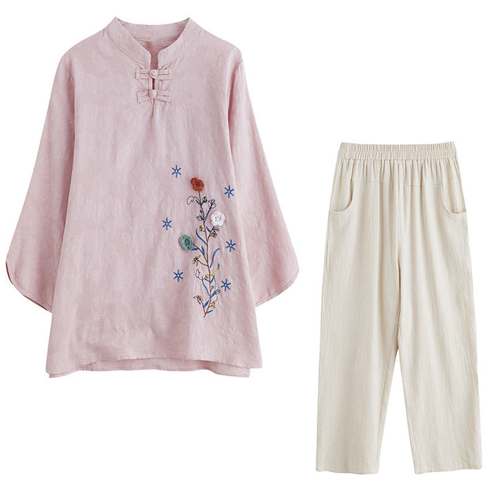 Buddha Stones Vintage Lato Stereoskopowy Kwiat Haft Trzy Czwarte Rękawy Żabka Guzik Bawełna Len Damska Koszula - image 16