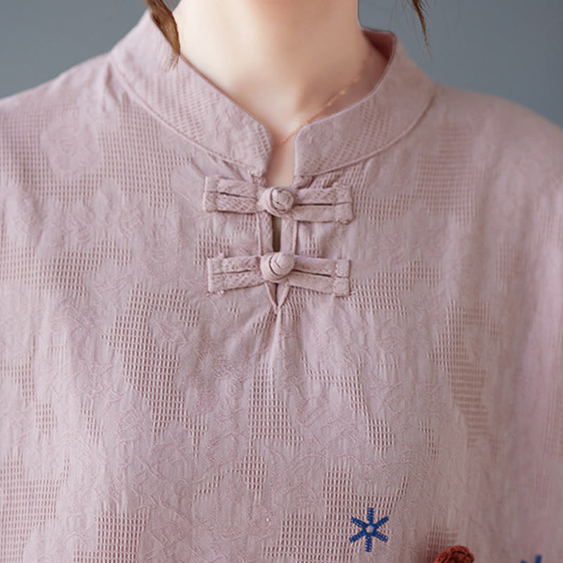 Buddha Stones Vintage Lato Stereoskopowy Kwiat Haft Trzy Czwarte Rękawy Żabka Guzik Bawełna Len Damska Koszula - image 9