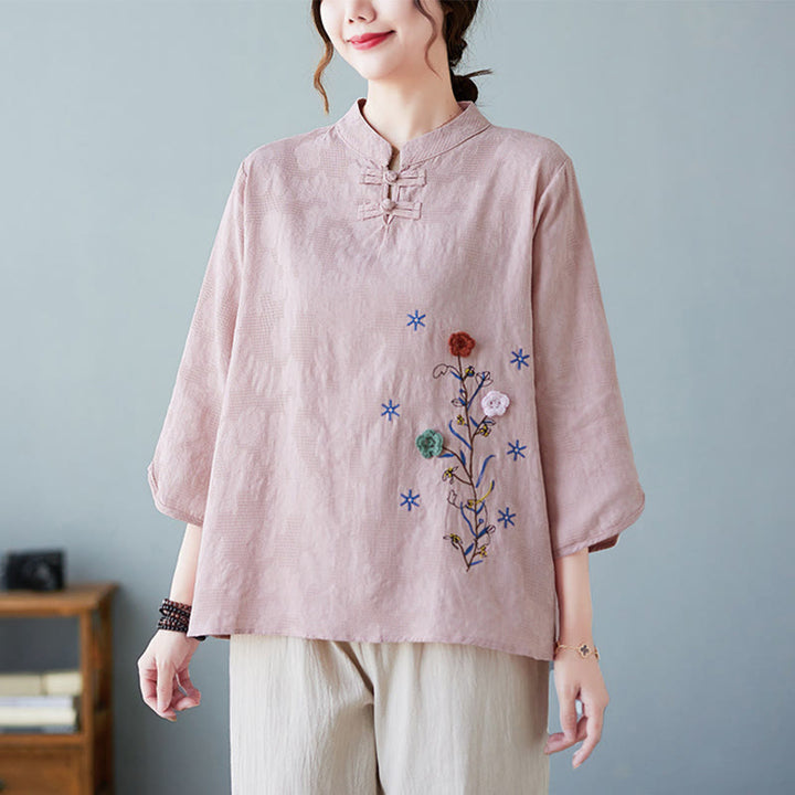 Buddha Stones Vintage Lato Stereoskopowy Kwiat Haft Trzy Czwarte Rękawy Żabka Guzik Bawełna Len Damska Koszula - image 6