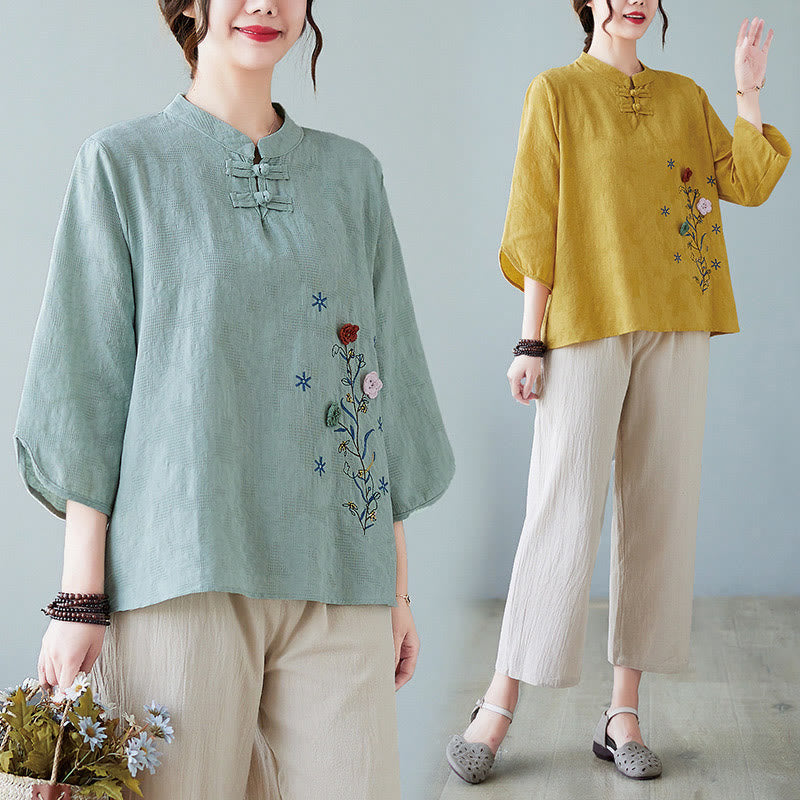 Buddha Stones Vintage Lato Stereoskopowy Kwiat Haft Trzy Czwarte Rękawy Żabka Guzik Bawełna Len Damska Koszula - image 4