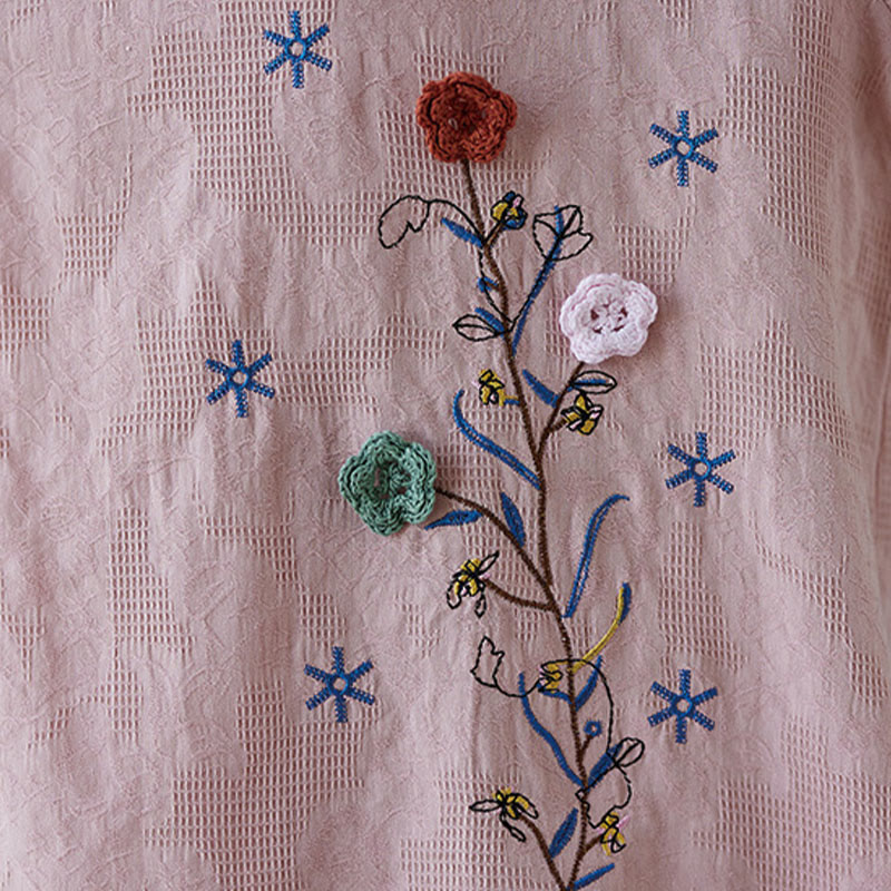 Buddha Stones Vintage Lato Stereoskopowy Kwiat Haft Trzy Czwarte Rękawy Żabka Guzik Bawełna Len Damska Koszula - image 13