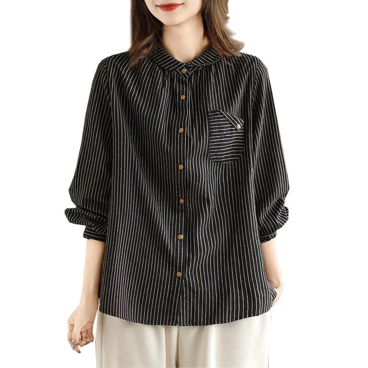 Koszula damska z kieszenią i długim rękawem w paski z motywem Buddha Stones , z kołnierzykiem z guzikami i bawełną i lnem - image 5