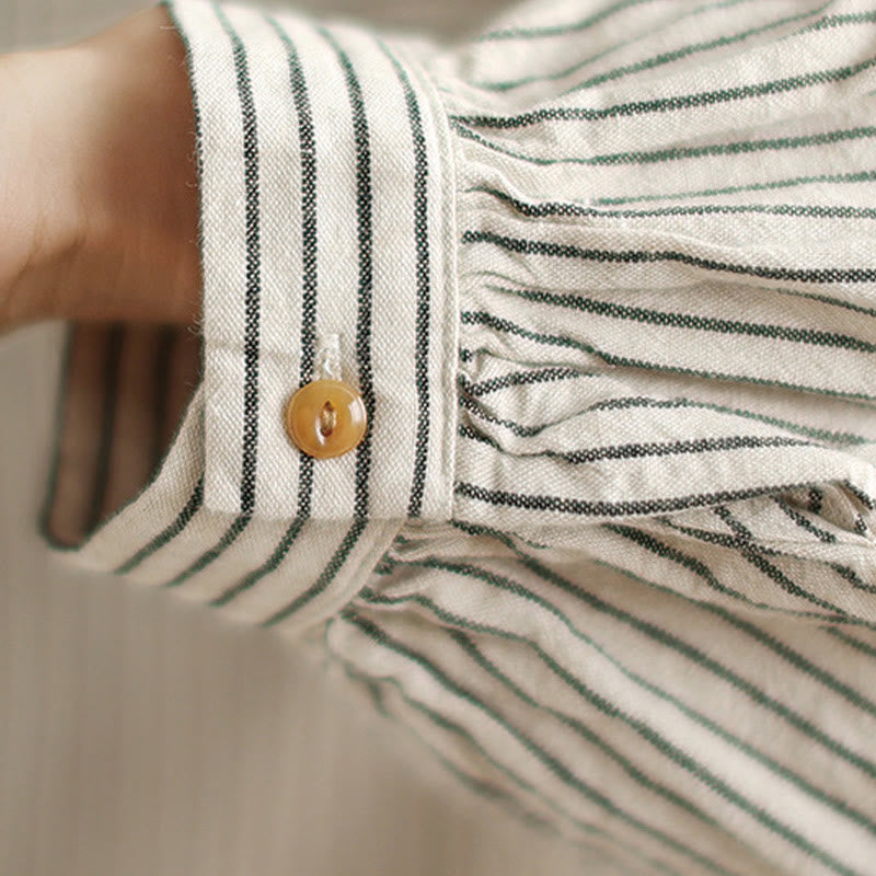 Koszula damska z kieszenią i długim rękawem w paski z motywem Buddha Stones , z kołnierzykiem z guzikami i bawełną i lnem - image 13