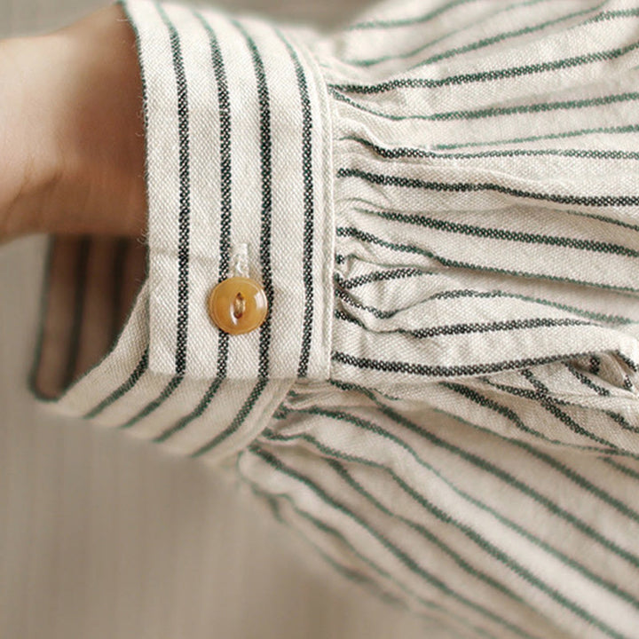 Koszula damska z kieszenią i długim rękawem w paski z motywem Buddha Stones , z kołnierzykiem z guzikami i bawełną i lnem - image 13