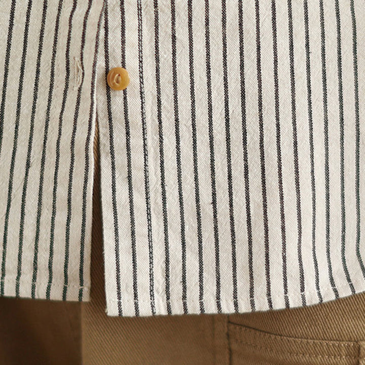 Koszula damska z kieszenią i długim rękawem w paski z motywem Buddha Stones , z kołnierzykiem z guzikami i bawełną i lnem - image 15