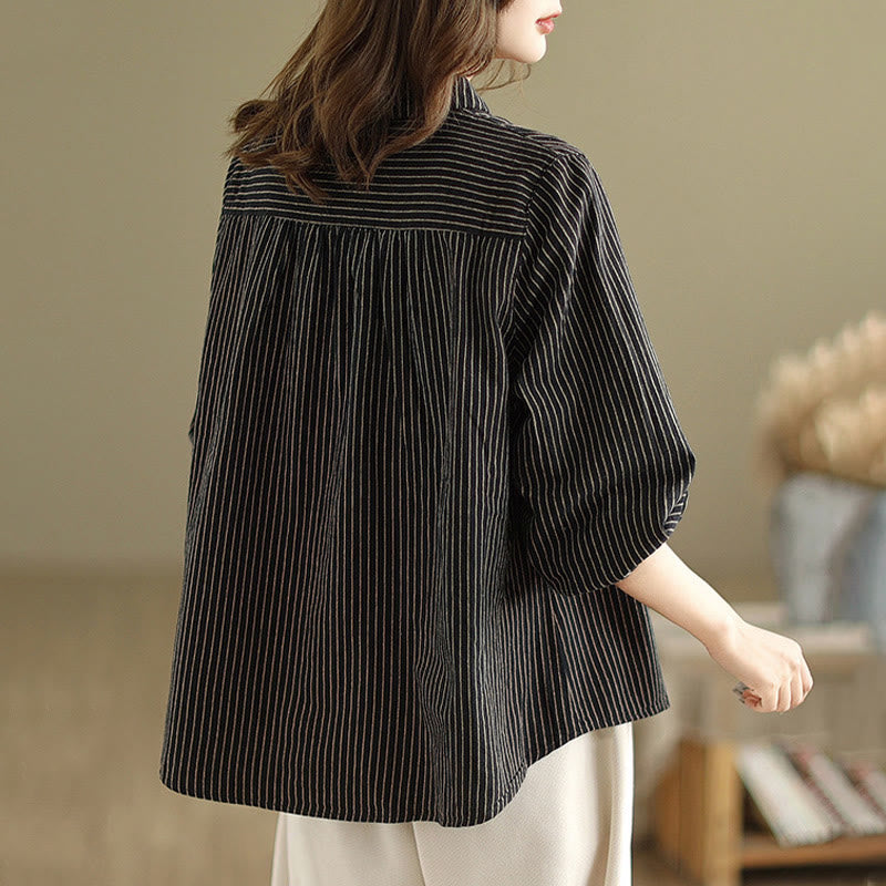 Koszula damska z kieszenią i długim rękawem w paski z motywem Buddha Stones , z kołnierzykiem z guzikami i bawełną i lnem - image 2