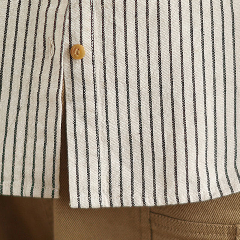 Koszula damska z kieszenią i długim rękawem w paski z motywem Buddha Stones , z kołnierzykiem z guzikami i bawełną i lnem - image 15