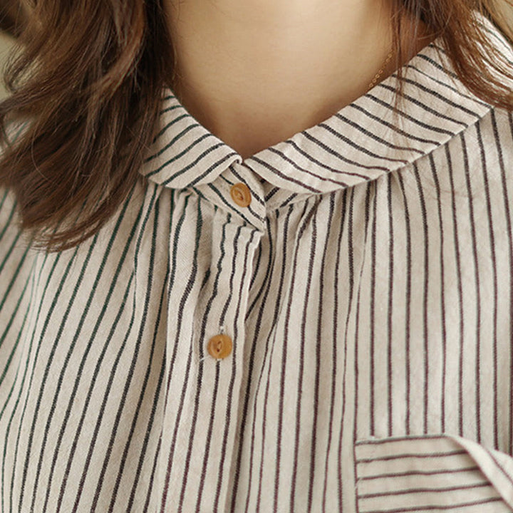 Koszula damska z kieszenią i długim rękawem w paski z motywem Buddha Stones , z kołnierzykiem z guzikami i bawełną i lnem - image 12