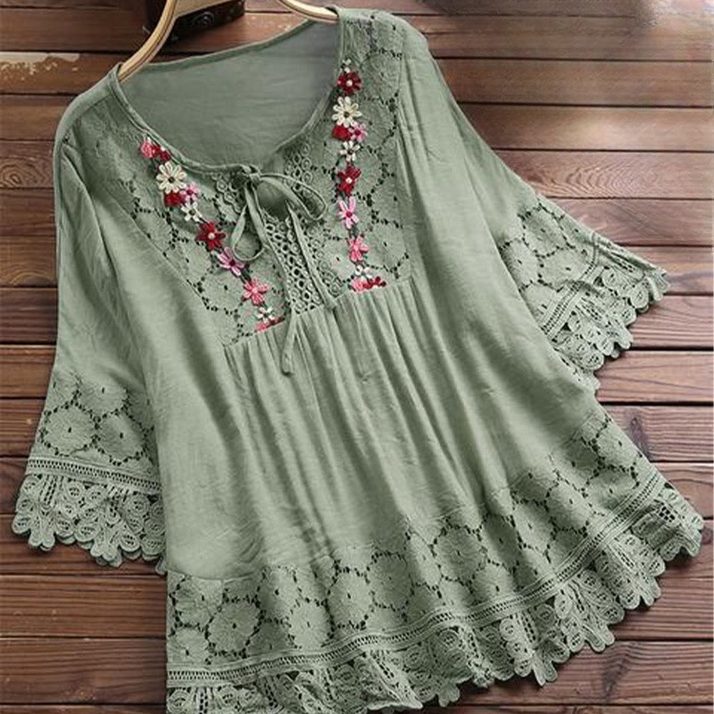 Koszula damska z bawełny z haftem w kwiaty Buddha Stones w stylu vintage z dziurami i sznurowaniem, z rękawem trzy czwarte - MediumSeaGreen - US16, UK/AU20, EU48 (5XL) - image 7