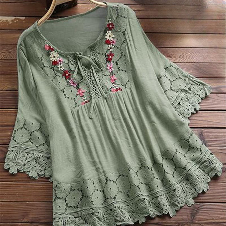 Koszula damska z bawełny z haftem w kwiaty Buddha Stones w stylu vintage z dziurami i sznurowaniem, z rękawem trzy czwarte - MediumSeaGreen - US16, UK/AU20, EU48 (5XL) - image 7