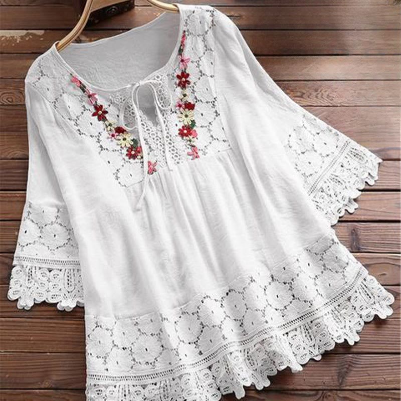 Koszula damska z bawełny z haftem w kwiaty Buddha Stones w stylu vintage z dziurami i sznurowaniem, z rękawem trzy czwarte - Biały - US16, UK/AU20, EU48 (5XL) - image 3