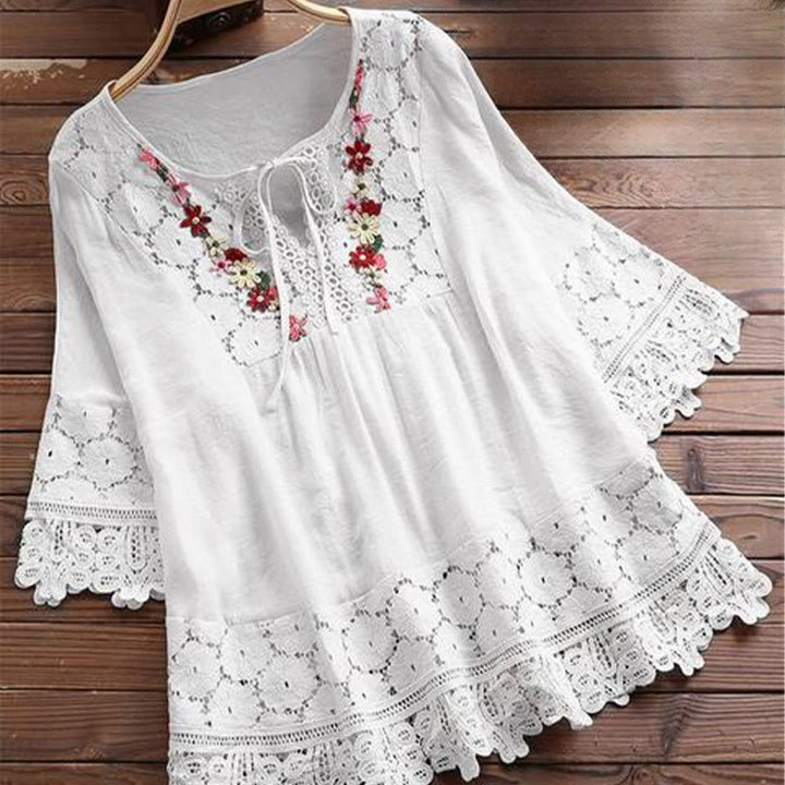 Koszula damska z bawełny z haftem w kwiaty Buddha Stones w stylu vintage z dziurami i sznurowaniem, z rękawem trzy czwarte - Biały - US16, UK/AU20, EU48 (5XL) - image 3