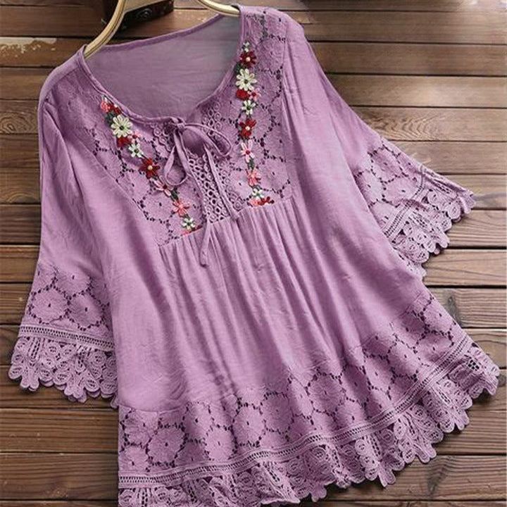 Koszula damska z bawełny z haftem w kwiaty Buddha Stones w stylu vintage z dziurami i sznurowaniem, z rękawem trzy czwarte - Orchidea - US16, UK/AU20, EU48 (5XL) - image 5