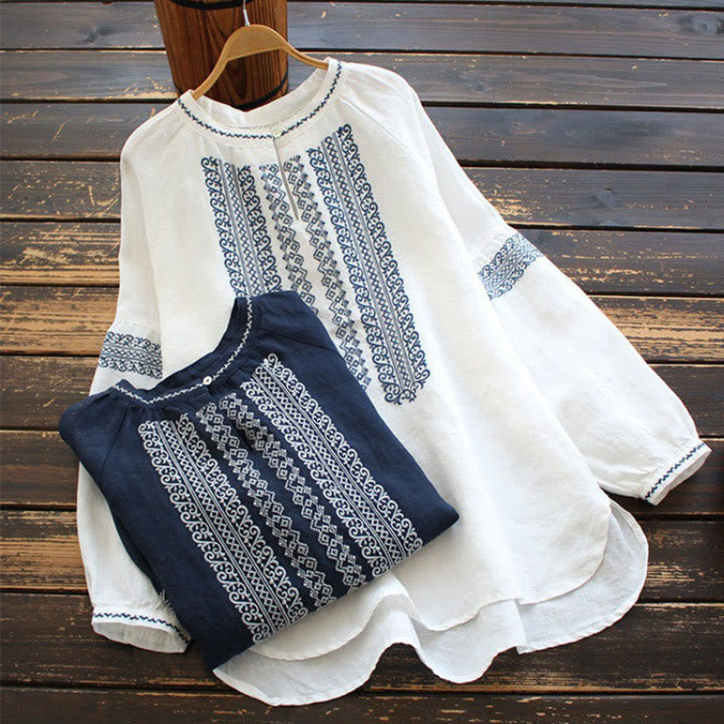 Koszula damska z długim rękawem i okrągłym dekoltem, haftem etnicznym w stylu boho z Buddha Stones - image 12