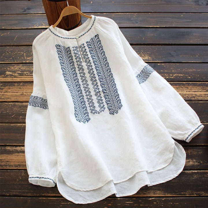 Koszula damska z długim rękawem i okrągłym dekoltem, haftem etnicznym w stylu boho z Buddha Stones - Biały - US16, UK/AU20, EU48 (5XL) - image 0