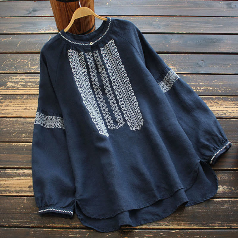 Koszula damska z długim rękawem i okrągłym dekoltem, haftem etnicznym w stylu boho z Buddha Stones - Marynarka wojenna - US16, UK/AU20, EU48 (5XL) - image 7