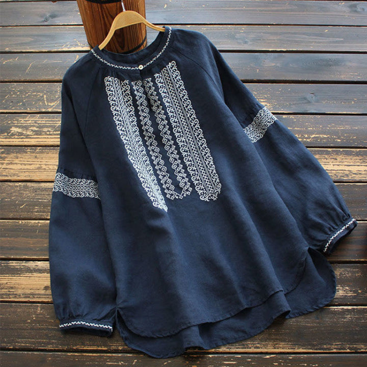 Koszula damska z długim rękawem i okrągłym dekoltem, haftem etnicznym w stylu boho z Buddha Stones - Marynarka wojenna - US16, UK/AU20, EU48 (5XL) - image 7