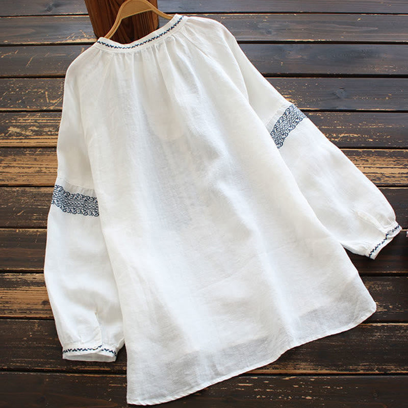 Koszula damska z długim rękawem i okrągłym dekoltem, haftem etnicznym w stylu boho z Buddha Stones - image 1