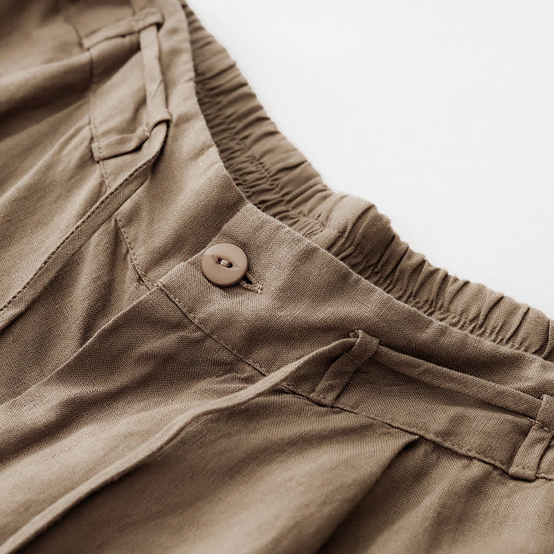 Buddha Stones Letnie, jednokolorowe, damskie spodnie z szerokimi nogawkami, do kostek, z bawełny i lnu, ze ściągaczem i kieszeniami, zapinane na zamek błyskawiczny - image 1