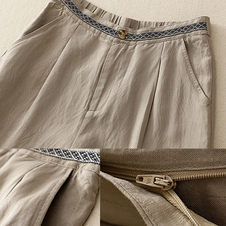 Buddha Stones Letnie, jednokolorowe, bawełniane, lniane spodnie damskie z szerokimi nogawkami, z kieszeniami i zamkiem błyskawicznym, długość 7-8 - image 14