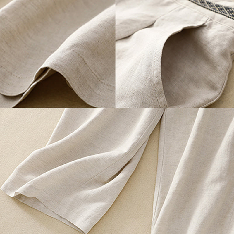 Buddha Stones Letnie, jednokolorowe, bawełniane, lniane spodnie damskie z szerokimi nogawkami, z kieszeniami i zamkiem błyskawicznym, długość 7-8 - image 9