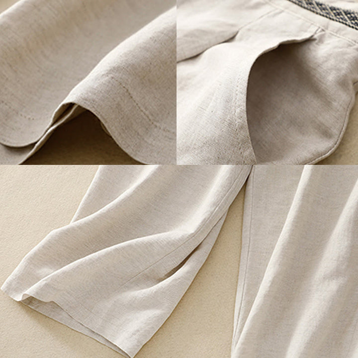 Buddha Stones Letnie, jednokolorowe, bawełniane, lniane spodnie damskie z szerokimi nogawkami, z kieszeniami i zamkiem błyskawicznym, długość 7-8 - image 9