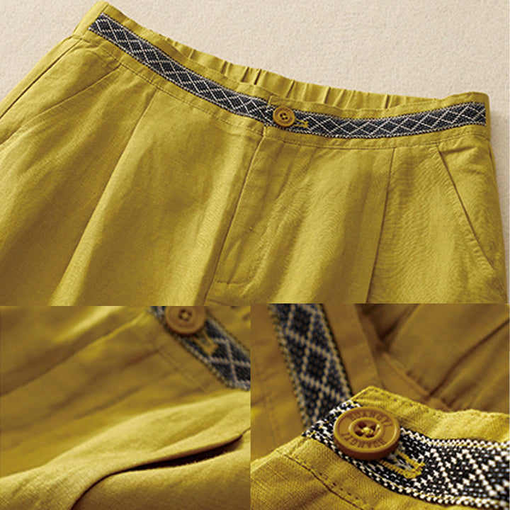 Buddha Stones Letnie, jednokolorowe, bawełniane, lniane spodnie damskie z szerokimi nogawkami, z kieszeniami i zamkiem błyskawicznym, długość 7-8 - image 3