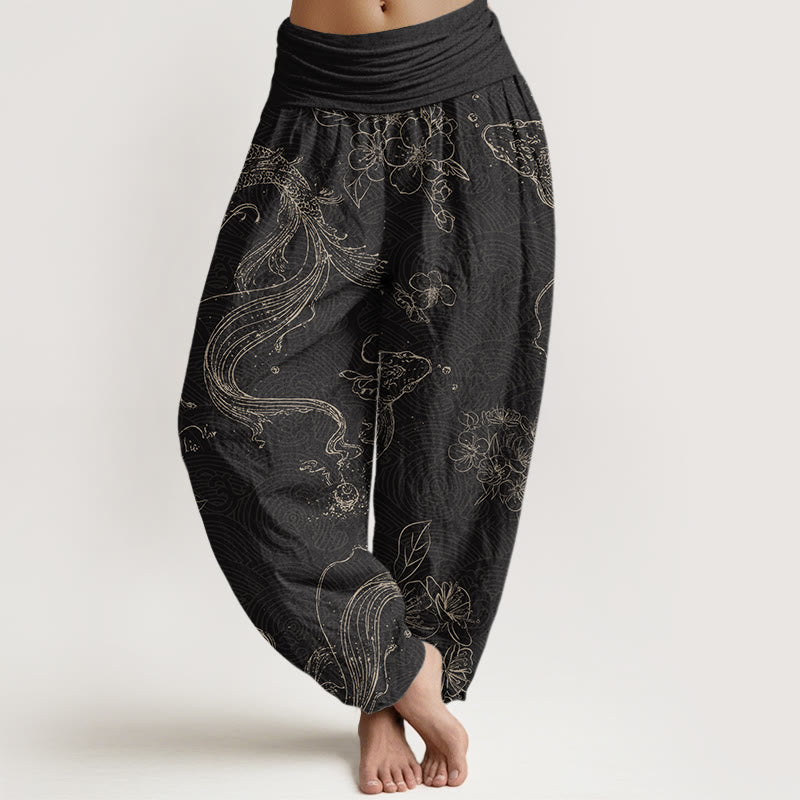 Damskie spodnie haremowe z elastyczną talią i bawełnianym wzorem w Buddha Stones - Czarny - US22, UK/AU26, EU54 (6XL) - image 0