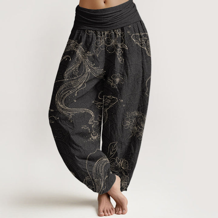 Damskie spodnie haremowe z elastyczną talią i bawełnianym wzorem w Buddha Stones - Czarny - US22, UK/AU26, EU54 (6XL) - image 0