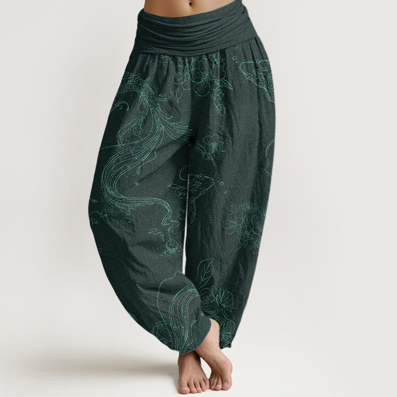 Damskie spodnie haremowe z elastyczną talią i bawełnianym wzorem w Buddha Stones - Ciemnocyjanowy - US22, UK/AU26, EU54 (6XL) - image 5