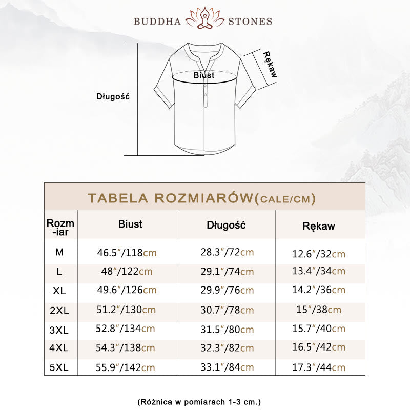 Koszula z krótkim rękawem w jednolitym kolorze z krótkim rękawem i półguzikiem, bawełniano-lniana, męska, z Buddha Stones