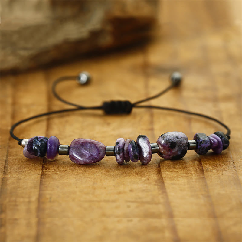 Buddha Stones Żyją w Chwili Charoite Hematyt Potężna Bransoletka