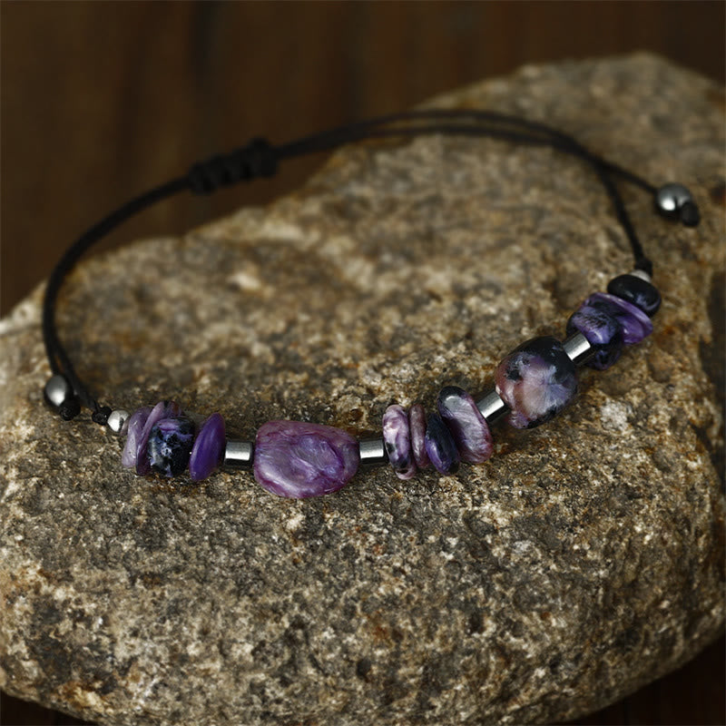 Buddha Stones Żyją w Chwili Charoite Hematyt Potężna Bransoletka