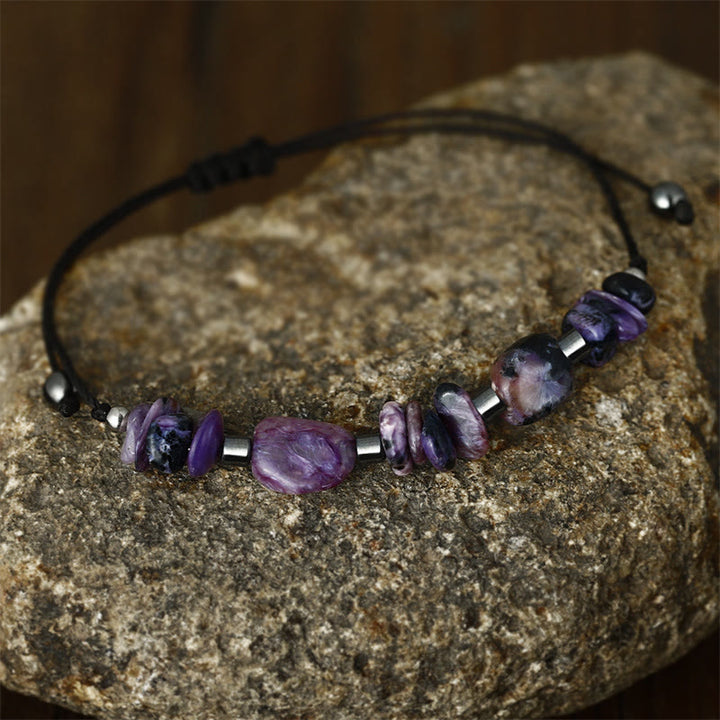 Buddha Stones Żyją w Chwili Charoite Hematyt Potężna Bransoletka