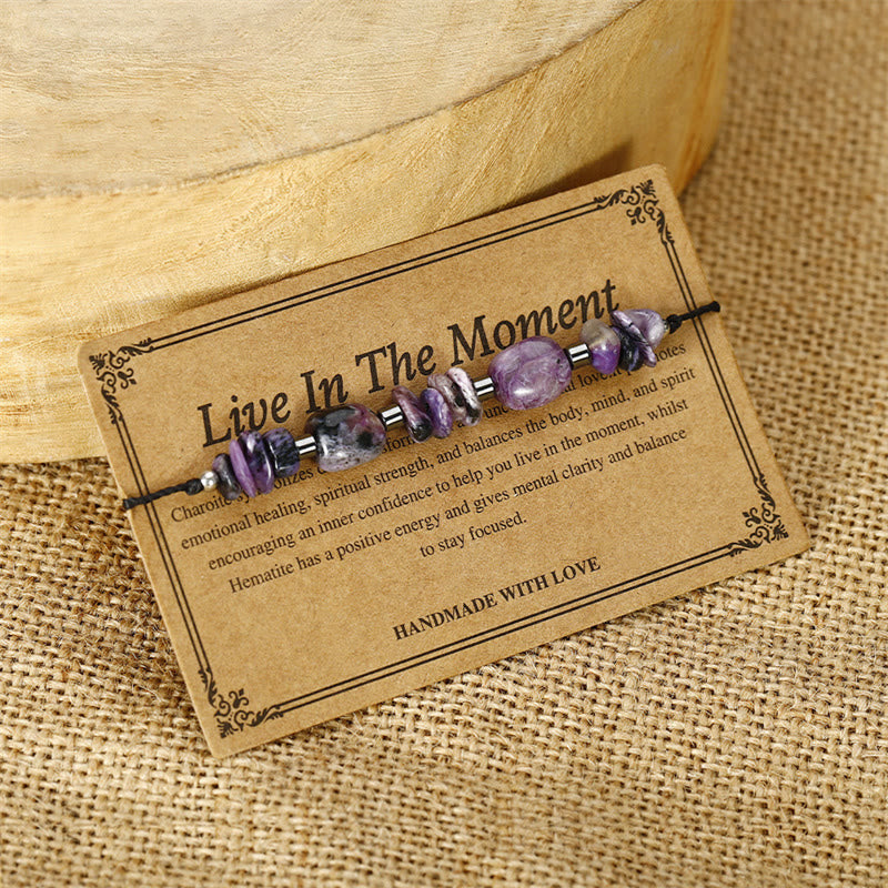 Buddha Stones Żyją w Chwili Charoite Hematyt Potężna Bransoletka