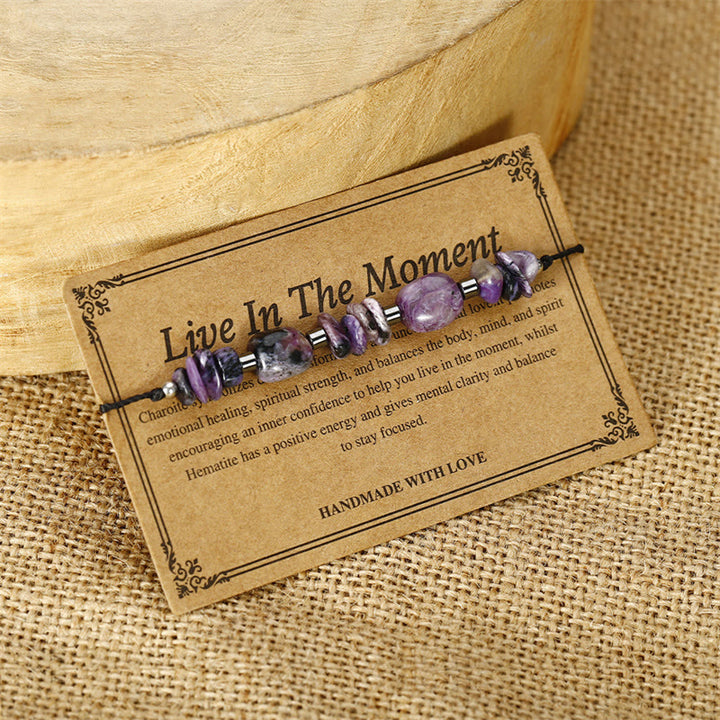 Buddha Stones Żyją w Chwili Charoite Hematyt Potężna Bransoletka